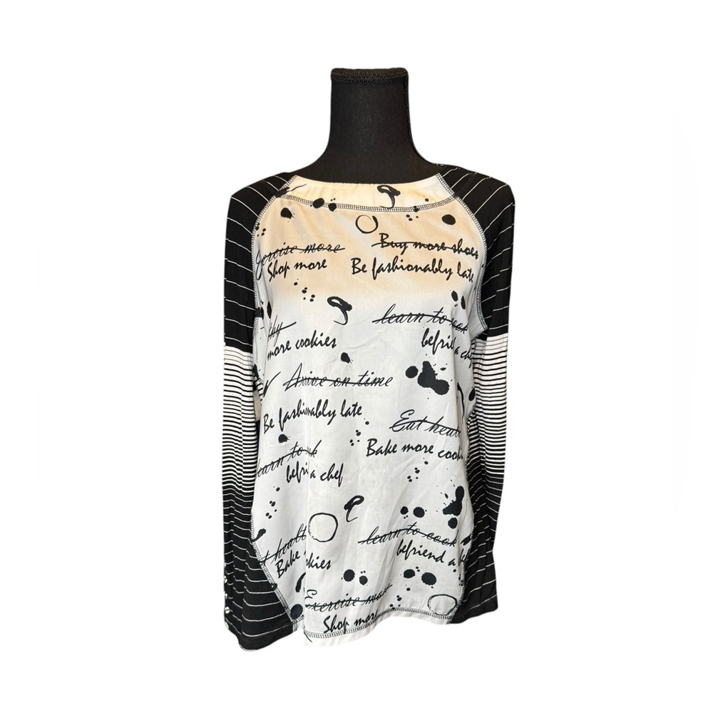 Sharon Young Womens Size Large Black White Graphic Long Sleeve Top Artsy A412